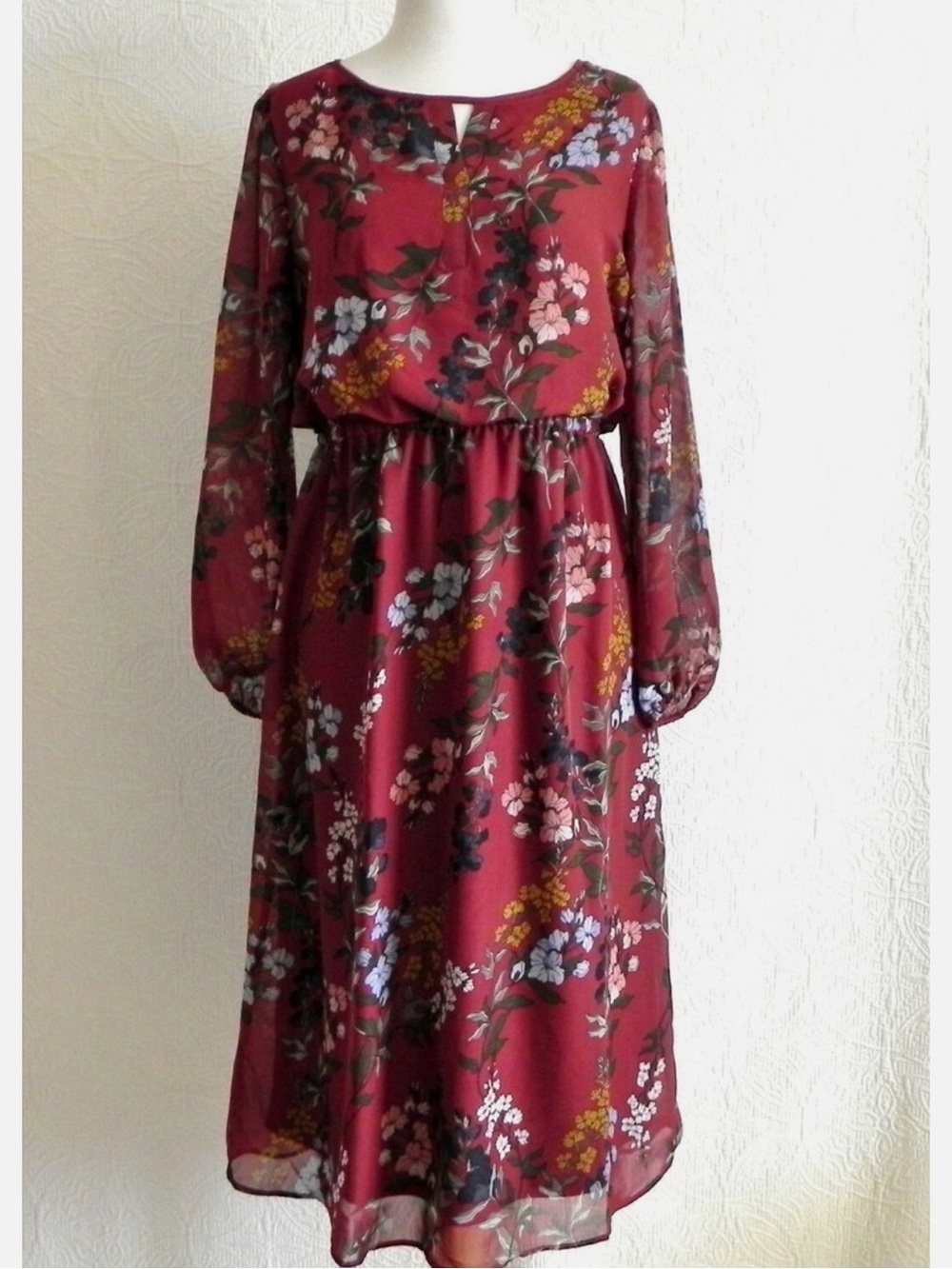 Chico's Burgundy Floral Long-Sleeve Midi Dress